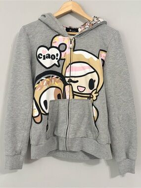 RARE Y2K Tokidoki Grey and Pink Full Zip Donut Theme Hoodie